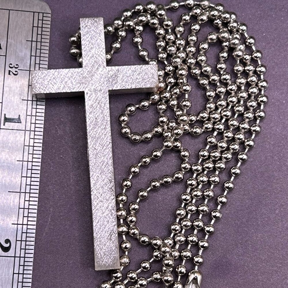 Vintage Religious Large Silver Cross Pendant Necklace Long Steel Chain